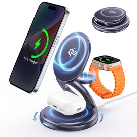RORRY (2024 New Qi2 Certified, 360° Rotating Charging Stand), 3 in 1 Wireless Charger, 15 W, Ultra Low Temperature, Foldable Magsafe Charging Station, 3 Devices Simultaneously Charging, MagSafe For