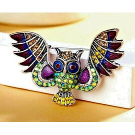 Unbranded Wise Owl Wings RHINESTONE Enamel Necklace Pendant Brooch Purple Green