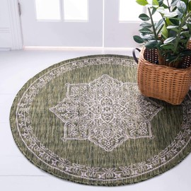 Unique Loom Traditional Classic Medallion Transitional Indoor and Outdoor Flatweave Runner Rug_OTD001, 4 Feet, Green/Ivory