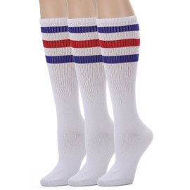 Leotruny Calcetines de tubo alto hasta la rodilla: calcetines sobre la pantorrilla para mujeres y hombres, calcetines deportivos de rayas retro, C03-3 pares Blanco/Azul/Rojo, One Size