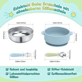 MOJINL Set of 4 Baby Bowls with Suction Cup, Stainless Steel Baby Food Bowl with Baby Cutlery, BPA-Free Children's Bowl, Non-Slip Food Tableware Set for Babies, Children, Toddlers, Infants