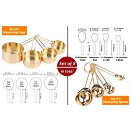 Juego de Tazas Medidoras, 8 Tazas Medidoras de Acero Inoxidable, Juego de Cucharas Medidoras, Tazas Medidoras Anidadas para Cocinar y Hornear (Oro)