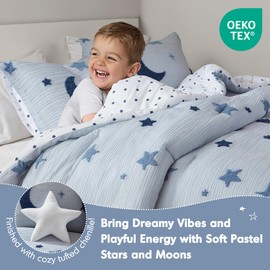 Intelligent Design Kids Cosmos Full Size Comforter Set – Blue Star and Moon Tufted Chenille, Reversible 4-Piece Bedding with Star Pillow, Full/Queen