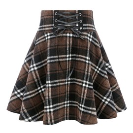 Kinghua Womens Warm Wool Plaid Mini Skirts High Waisted Lace Up Pleated Skater Skirts, Coffee, Large