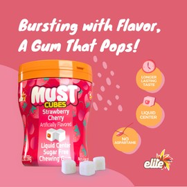 Elite Must Strawberry Cherry Sugar Free Cube Gum, 2oz (6 Pack) | Gum Cubes with Liquid Filled Center