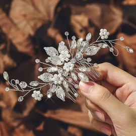 JEAIRTS JEAIRTS Leaf Bride Wedding Hair Comb Rhinestone Pearl Bridal Headpiece Sparkly Crystal Hair Accessories for Women(1-Silver)