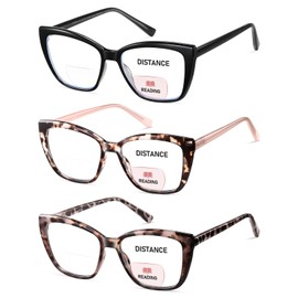 PUBOWT Bifocal Reading Glasses For Women Cat Eye Oversized Spring Hinge Blue Light Computer Fashion Readers Clear Top No Line Ladies Big Stylish Bi-focal Eyewear PT2001 +1.75 strength