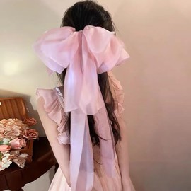 Big Organza Hair Bows for Women, Girls, Multi-layered Organza Hair Ribbon Bow Clips with Long Tails Large Bow Clip Hair Accessories for Thick Thin Hair (Pink)