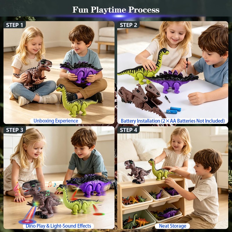 3-Pack Electronic Walking Dinosaur Toys for Toddlers 2-4, Moving Dinosaurs
