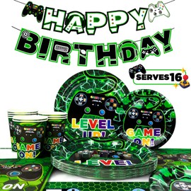 Video Game Birthday Party Accessories, 128 Pieces Video Game Party Tableware Set, Napkins, Video Game Birthday Theme, Plates, Cups, Tablecloth, Banner etc. Video Game Party Supplies