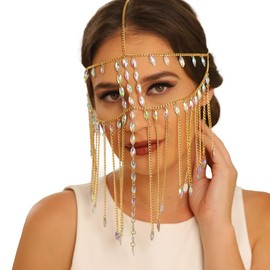 Formery Boho Women Masquerade Masks Face Chain Grecian Crystal Pendant Gold Drop Head Chain Forehead Multilayered Tassel for Party Stage Cosplay Headwear