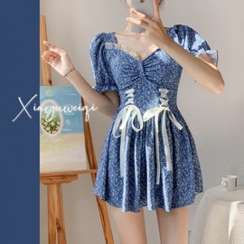 Women's Stylish Short-Sleeve One-Piece Swimsuit with Tummy Control Skirt, Modest Plus Size Swimwear R46 S/9478 Blue 2ea