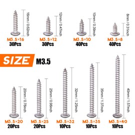 Rustark 210-Pcs [# 6 5/16'' to 1-1/2''] 304 Stainless Steel Round Pan Head Phillips Cross Wood Screws Drive Self Tapping Drilling Screws Assortment Kit