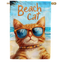America Forever Beach Cat Orange Tabby House Flag, 28 x 40 inch Double Sided, Sunglasses Tropical Ocean, Summer Seasonal Outdoor Decor, Funny Flag