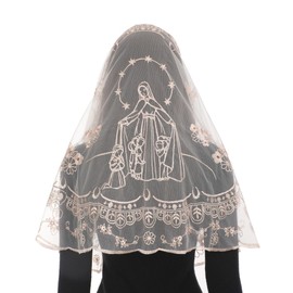 Bozidol Mantilla Veils for Church Catholic, Champagne Our Lady of the Rosary Embroidered Lace Chapel Veil, Latin Mass Prayer Scarf Head Coverings for Women