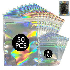 elook 60 PCS Smell Proof Bag, Resealable Foil Bags, Holographic Mylar Zip Lock Bags for Food, Jewelry, Electronics - 14 x 20cm + 7 x 10cm