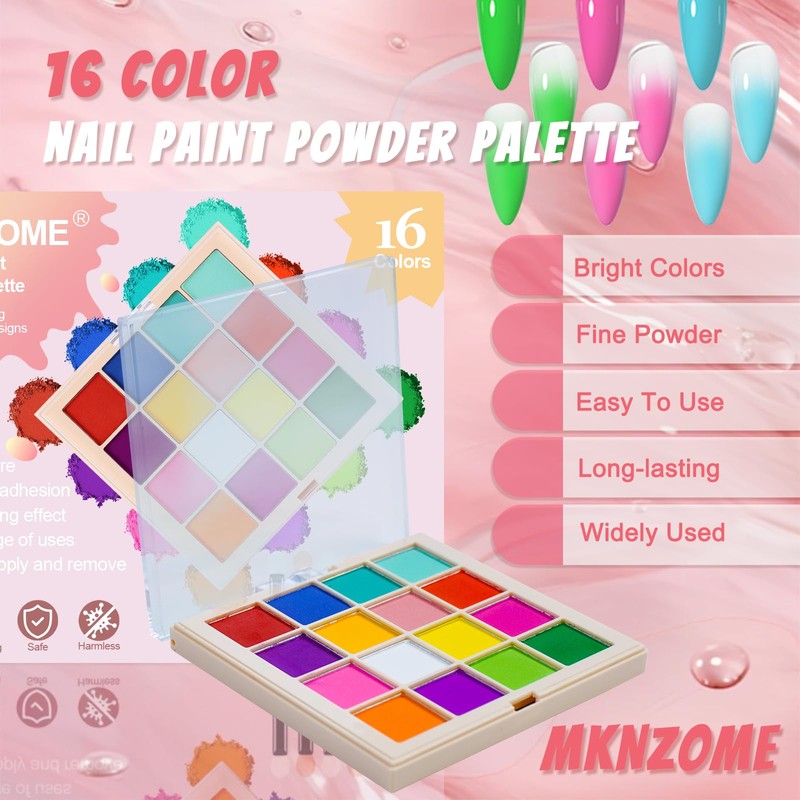 MKNZOME Nail Pigment Powder Palette, 16 Colors Solid Pigment Powder