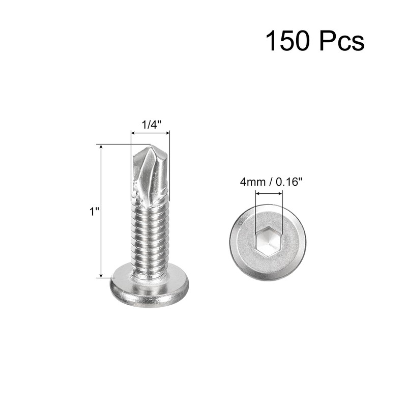 uxcell 150Pcs Hex Socket Self Tapping Screws, 1/4" x 1"