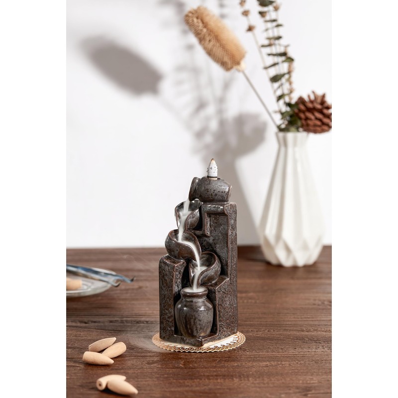 LAMDAWN Unique Cascading Basins Ceramic Waterfall Incense Holder, Paired with
