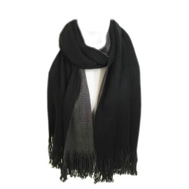 Fashion Trendy Retro Two Tone Knit Scarf Wrap Shawl with Fringe Edges (Black)