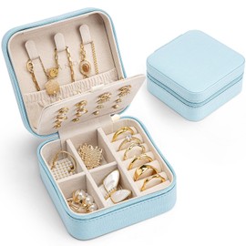 Vlando Travel Jewelry Case with 16 Earring Plates,Small Travel Jewelry Organizer Box,Portable Display Storage Box For Rings Earrings Necklaces,Gift for Girls Women,Blue