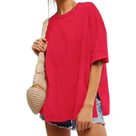 UNCLECAT Womens Oversized T Shirts Summer Trendy Short Sleeve Crew Neck Tops Loose Fit Side Slit Tee Red