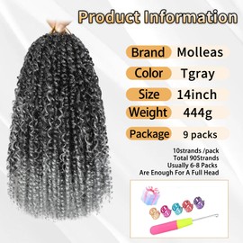 Molleas Passion Twist Hair 14inch,9pack Boho Passion Twist Crochet Hair,Pre Looped With Curly Ends for Bohemian Water Wave Braiding Hair,Crochet Hair for Black Women(14inch(pack of 9),Tgrey)