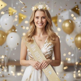 40th Birthday Sash and Flower Crown - White Gold Floral Star Crystal Headband With Sash Headdress Set for Women 40 Years Old, Birthday Tiara Gifts to My Wife Sister Colleague and Friend