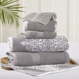 Modern Threads Artesia Damask 6-Piece 100% Combed Cotton Reversible Yarn Dyed Jacquard Towel Set Grey
