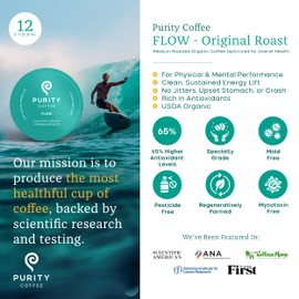 Purity Coffee FLOW Medium Roast Organic Coffee - USDA Certified Organic Specialty Grade Arabica Single-Serve Coffee Pods - Third Party Tested for Mold, Mycotoxins and Pesticides - 12 ct Box