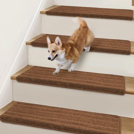 Bullnose Stair Treads Non Slip 9.5" x 32", 14 Pcs Carpet Stair Treads for Wooden Steps Indoor with Edge Protection, Reusable Peel and Stick TPU Backing Stair Runner Rugs - Line Pattern Brown