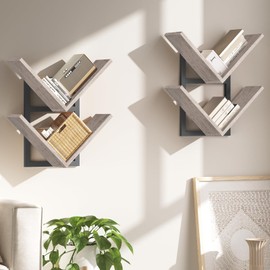 HOOBRO Floating Shelves for Wall, Set of 2 Wall Mounted Shelf, 2-Tier Wooden Hanging Shelves Storage Racks, Tree Bookshelves, for Living Room, Bedroom, Office, Greige and Black BG55BJP201