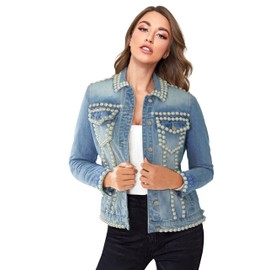 Hybrid & Company Women's Denim Jacket Embroidered Pearls Beading Jeans Jacket Coat With Pockets JK44172BP MEDIUM WAS S