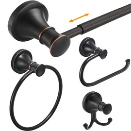 Hoimpro Oil Rubbed Bronze 4-Piece Bathroom Bath Set, Wall Mount Bathroom Hardware Fixture (Adjustable Towel Bar Rack, Towel Ring Holder, Paper Towel Holder, Double Towel Hook), Bathroom Accessories