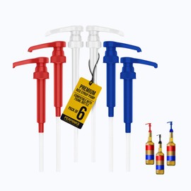 Premium Syrup Pump Compatible with Torani 750 ml Bottle, Davinci Syrups - No Spill, No Clog Syrup Pump Dispenser for Vanilla, Snow Cone, Coffee Flavoring & More (Pack of 6, Red, White & Blue)