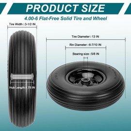 4.00-6 Flat-Free Solid Tire and Wheel 13" Wheelbarrow Tire by Cenipar With 3/4" & 5/8" Grease Bushing and 1.75" Centered Hub 4.00-6 tire and wheel for Garden Cart Trolley Hand Truck, 2 PC