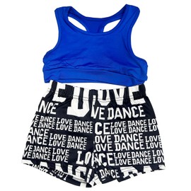 TAIKMD Little Big Girls 2-Piece Gymnastics Dance Outfit Racer Crop Top with Shorts Swimsuit Set (Blue & Black, 5-6)
