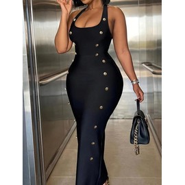 Elegant solid color black patchwork button halter neck slim long dress Summer Casual - Size: 0XL