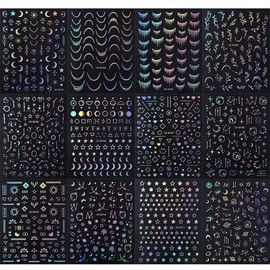 12 Sheets Aurora Nail Stickers 3D Self Adhesive Moon Star Nail Art Stickers for Nail Art Aurora Silver Nail Decals Glitter Holographic Nail Design Nail Art Supplies for Women DIY Manicure Decorations