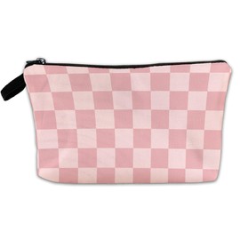 BOONEST Pink Checkered Makeup Cosmetic Bag Girly Aesthetic Cute Pouch Organizer Small Compact Travel Mini Portable Beauty Toiletry Make Up Brush Storage Purse Case Women Teen Girl Waterproof Zipper