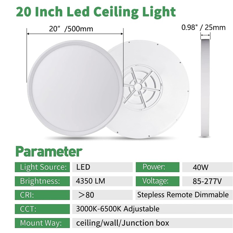 20 Inch Large LED Flush Mount Ceiling Light with Remote,