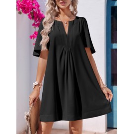Wenrine Women Flutter Sleeve Shift Tunic Dress Casual Summer Mini Dresses with Pockets Black