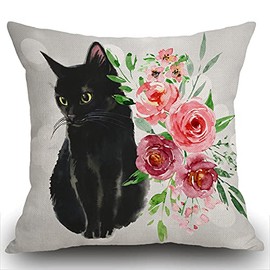 Swono Black Cat and Watercolor Flower Farmhouse Pillow Cover Cotton Linen Decorative Square Throw Pillow Cover 18x18 Inch for Sofa Couch Decoration