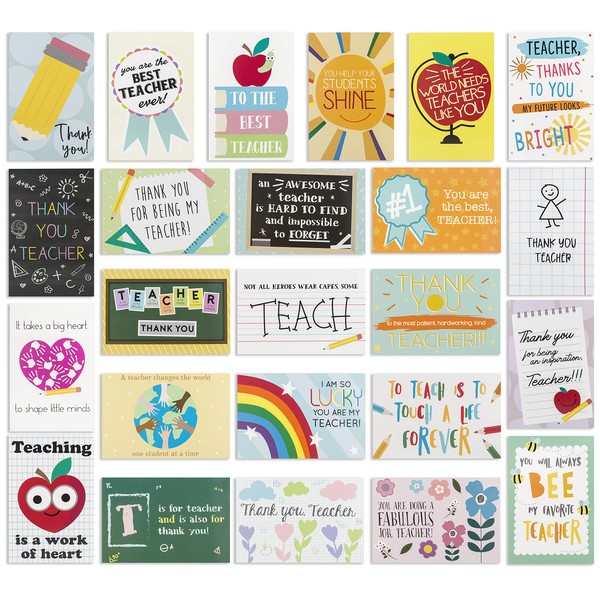 【24 Pack】 Teacher Thank You Cards - Cute Teacher Appreciation Cards in 24 unique Designs- Greeting Card For Teachers Day Card -End of Year Teacher Cards, Thank You Notes To Teachers 4 x 6 inches