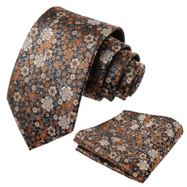 Alizeal Mens Floral Necktie with Pocket Square for Wedding Party Tie and Handkerchief Set, Black+Brown+Gray