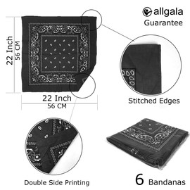 Allgala 12 Pack 100% Cotton Premium Bandanas Head Band Wrap Scarf-Black-HA55902