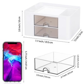 LETURE Desk Organizer with 2 Drawer, Plastic Desktop Pen Pencil Card Holder Storage Box for Desk, Office Supplies, Vanity Table Office School Home (White)
