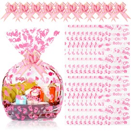 Outus 12 Pcs Extra Large Baby Shower Basket Bags with 10 Bows Ribbon 28 x 40 Inch Large Cellophane Baskets Empty Bags Jumbo Cellophane Wrap for Gift, Presents, Baby Shower(Pink)