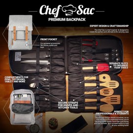 Chef Knife Bag Vintage Backpack | 30+ Pockets for Knives and Chef Tools | Knife Carrying Case with Hidden Back Pocket for Tablet | Sturdy Knife Bag for Chefs & Culinary Students (Heather Grey)