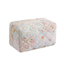 RSRSLEII Small Quilted Cotton Makeup Bag, Aesthetic Cosmetic Bag, Cute Floral Makeup Pouch, Kawaii Trendy Preppy Travel Toiletry Bag for Women and Girls (06 Mixed Flowers)